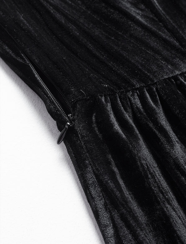 Black Velvet Contrast Trim Midi Dress