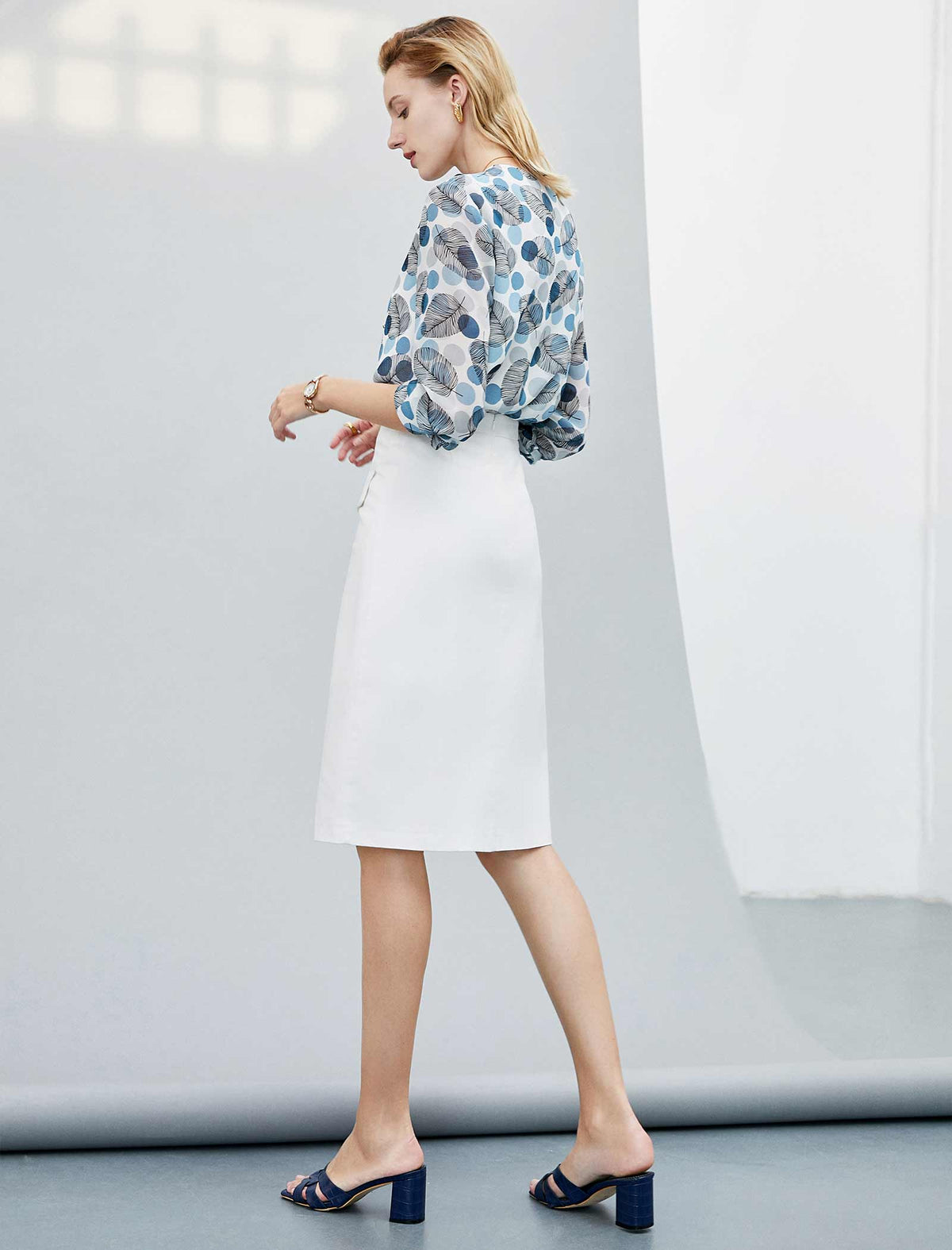 Leaf Print Ruffle Front Blouse