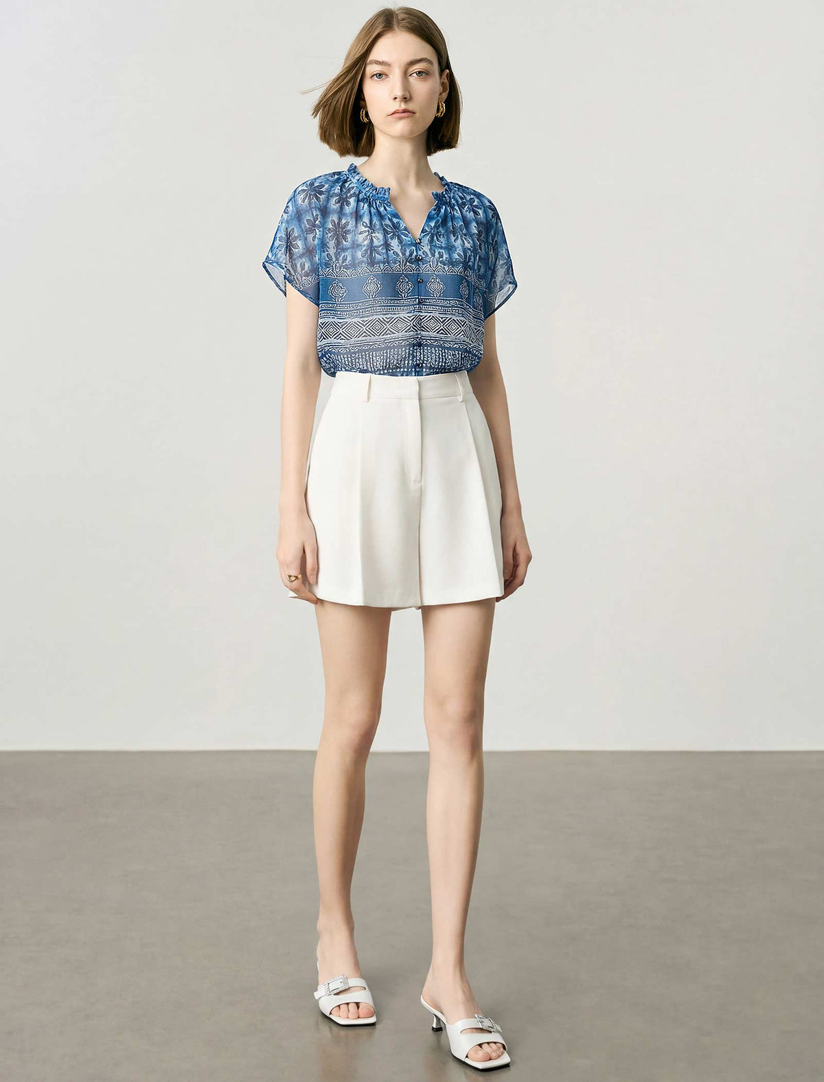 Blue Batik Print Short-Sleeve Blouse