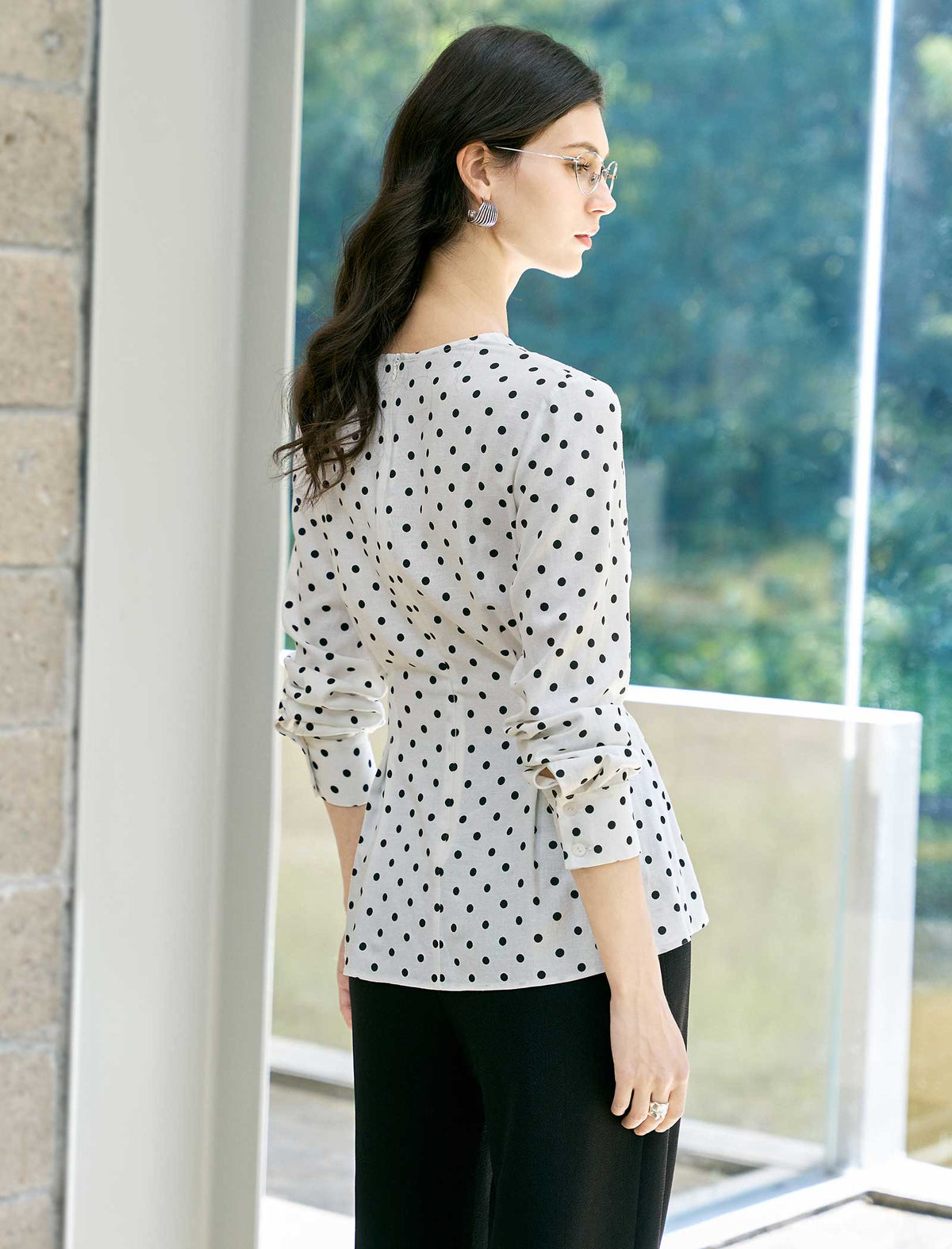 Polka Dot Tencel Linen Belted Blouse