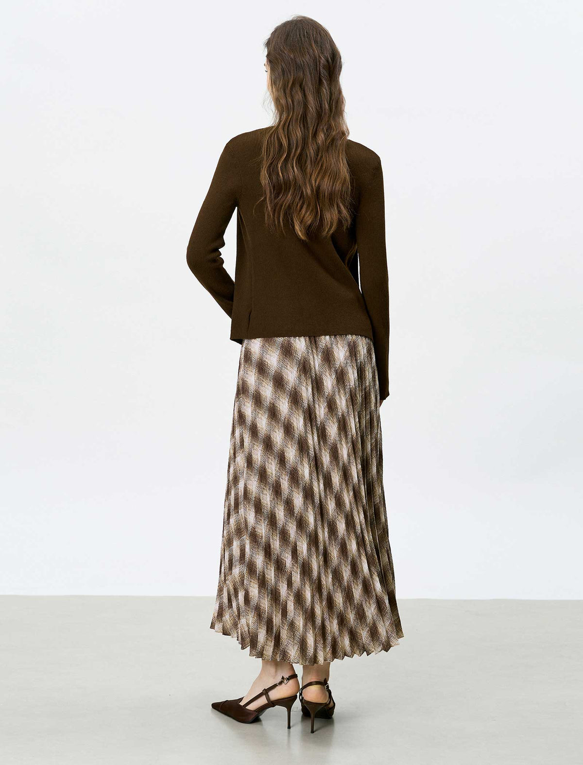 Brown Checked Pleated Midi Skirt