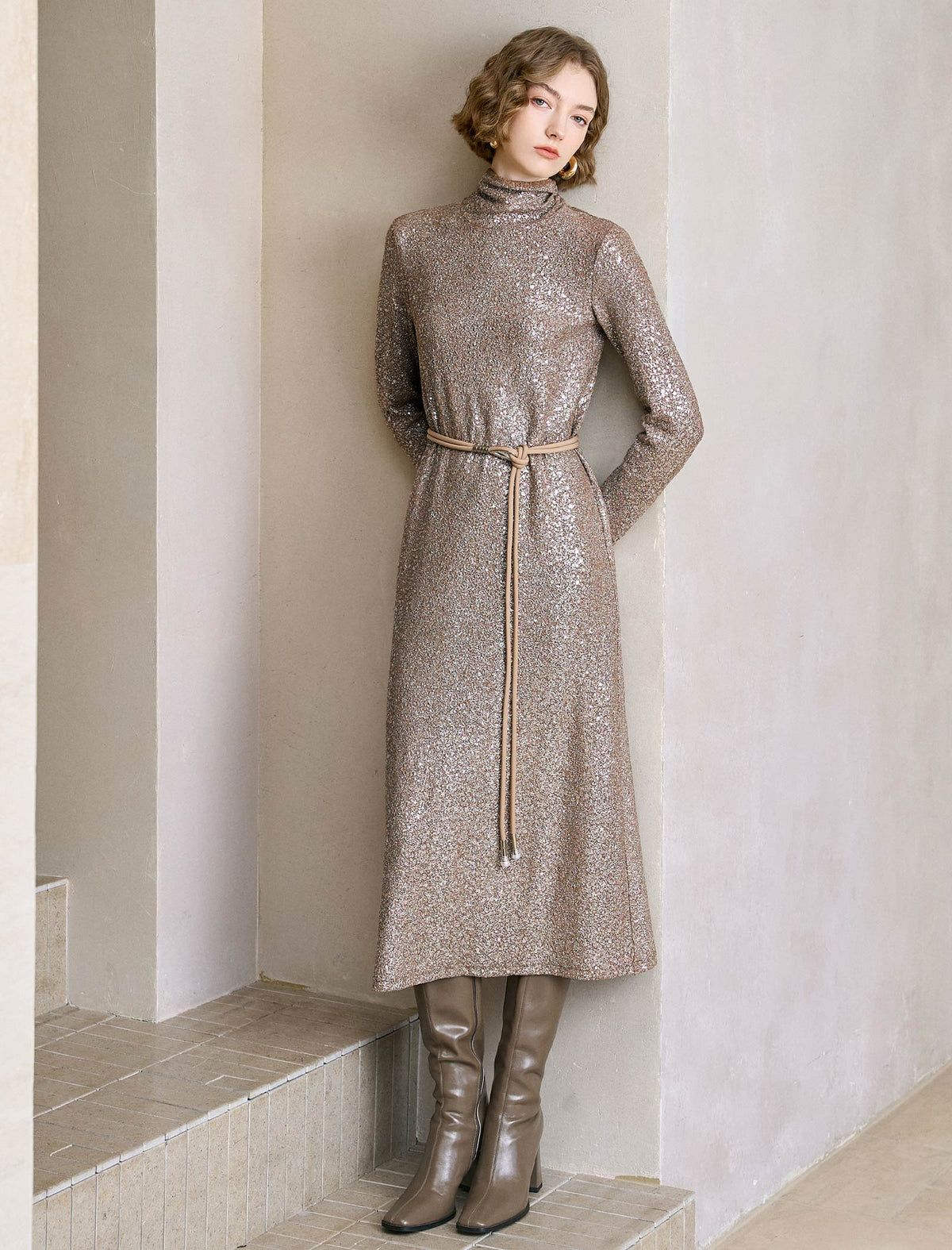 All-Over Sequin Turtleneck Midi Dress