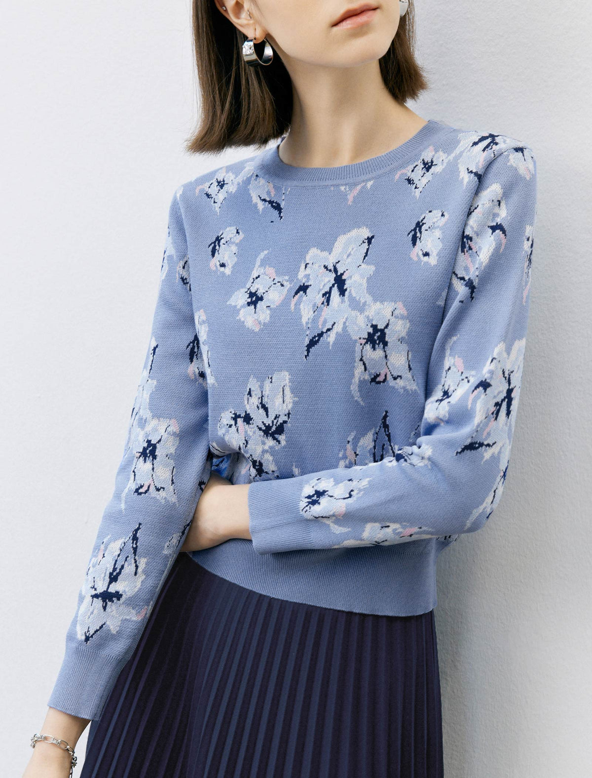 Floral Print Crew Neck Long Sleeve Knit Sweater