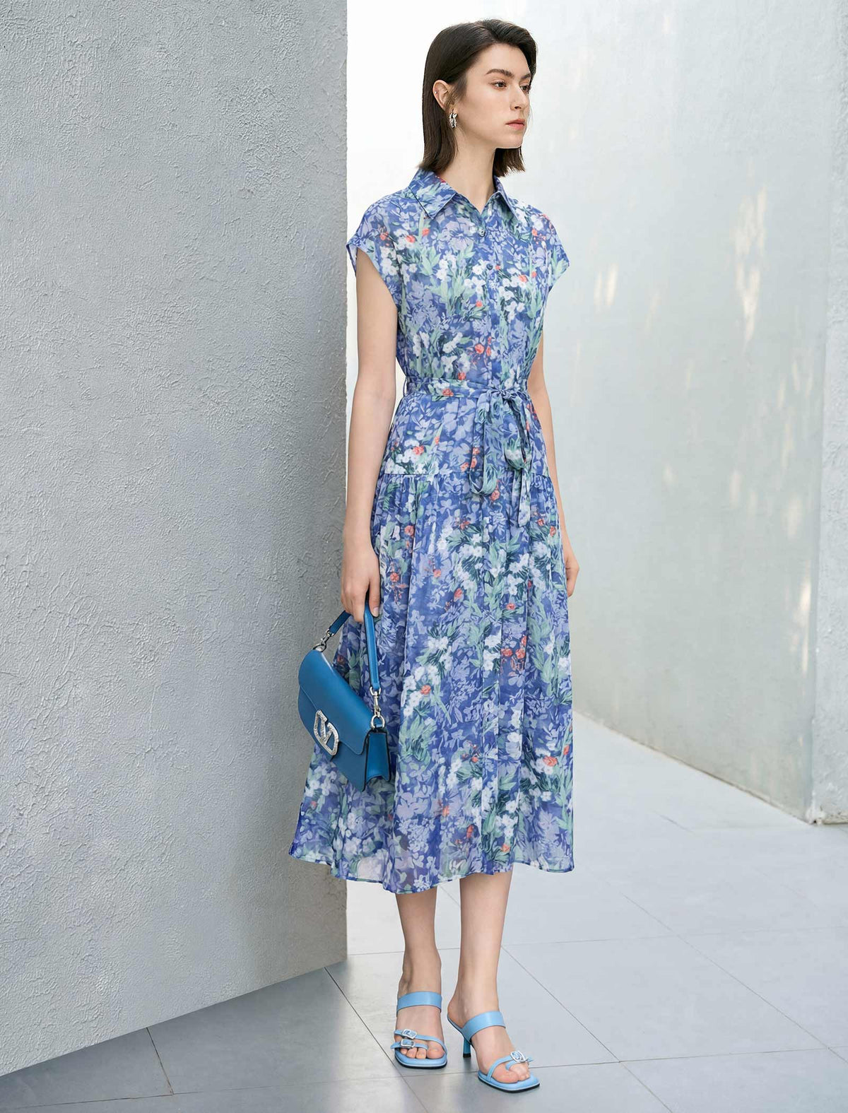 Blue Floral Print Belted Shirt Midi Dress