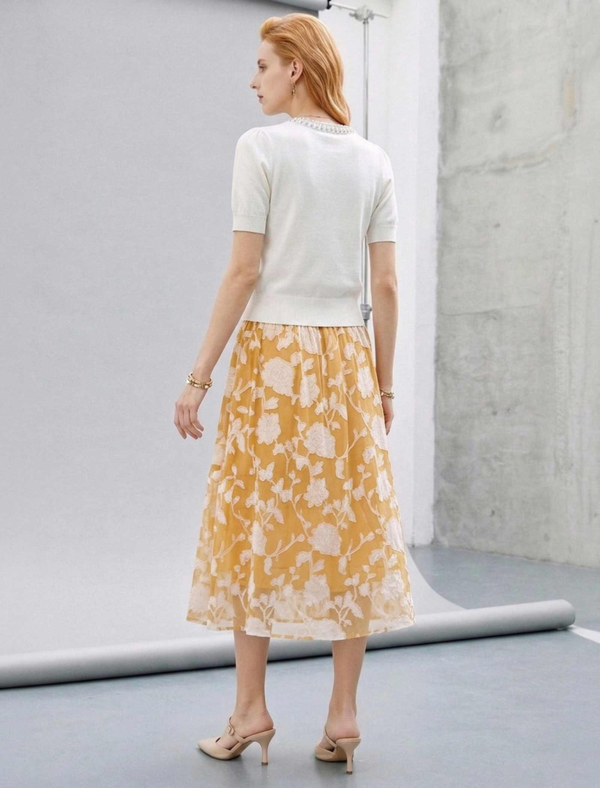 Yellow Gardenia Burnout Floral Midi Skirt