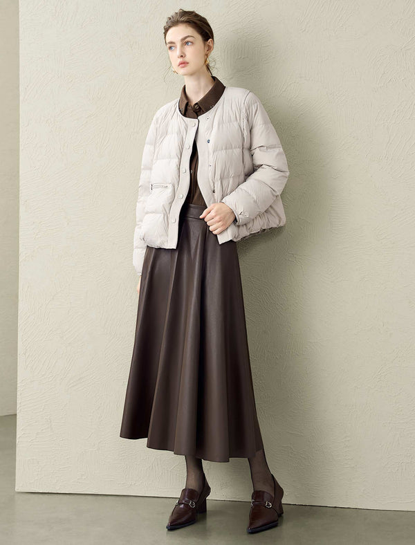 Quilted Contrast Detail Round Neck Down Jacket