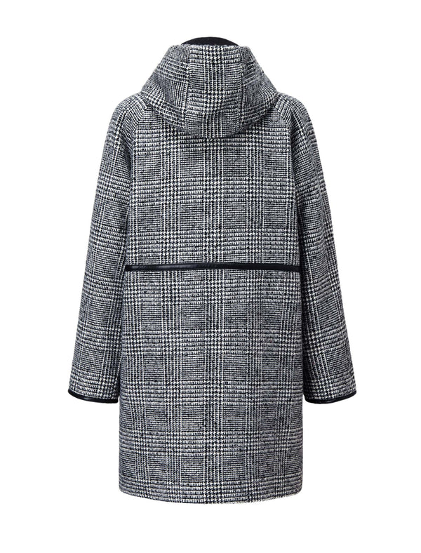 Plaid Wool-Blend Toggle Hooded Coat