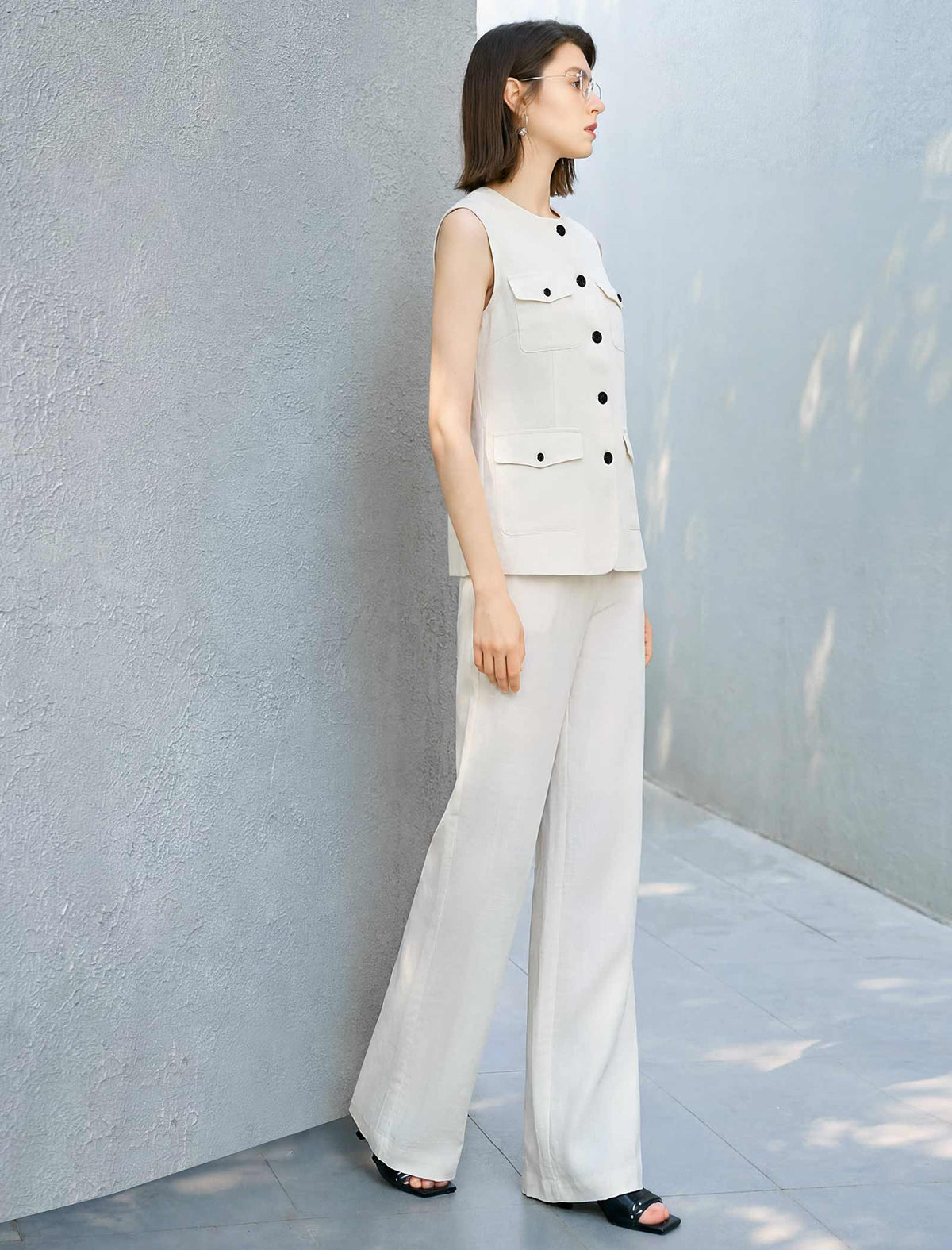Off-White Linen Blend High Waist Wide Leg Pants