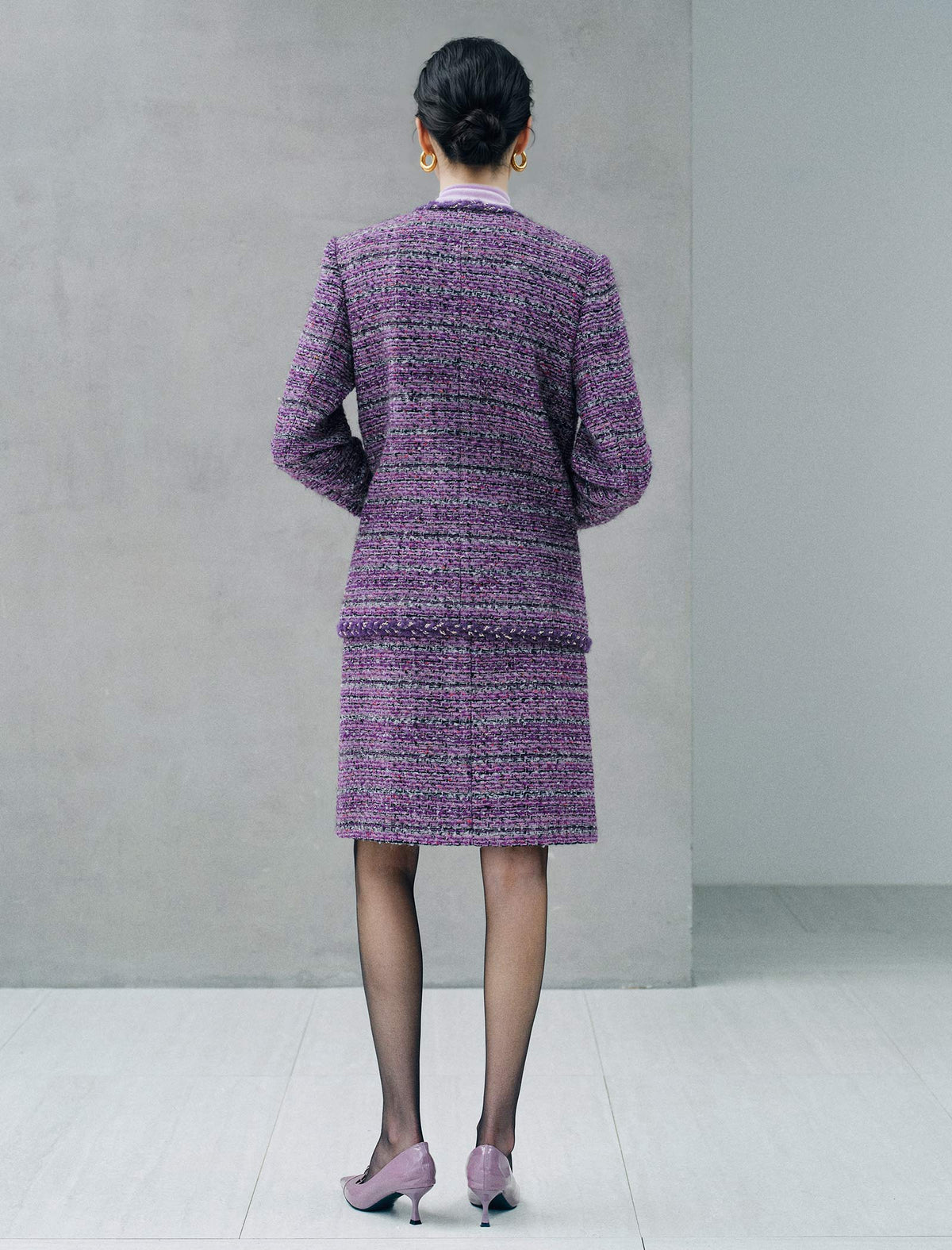 Wool Blend Textured High Waist H Line Braided Trim Midi Skirt