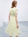 Floral Chiffon Waist-Cinched Pleated Dress