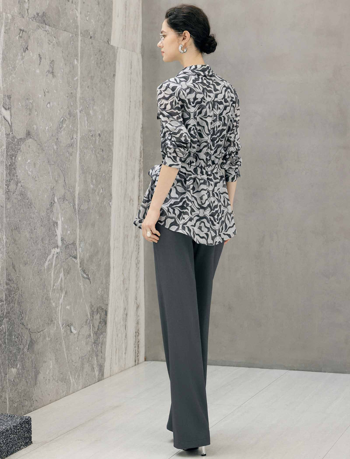 Abstract Floral Print Belted Long Sleeve Blouse