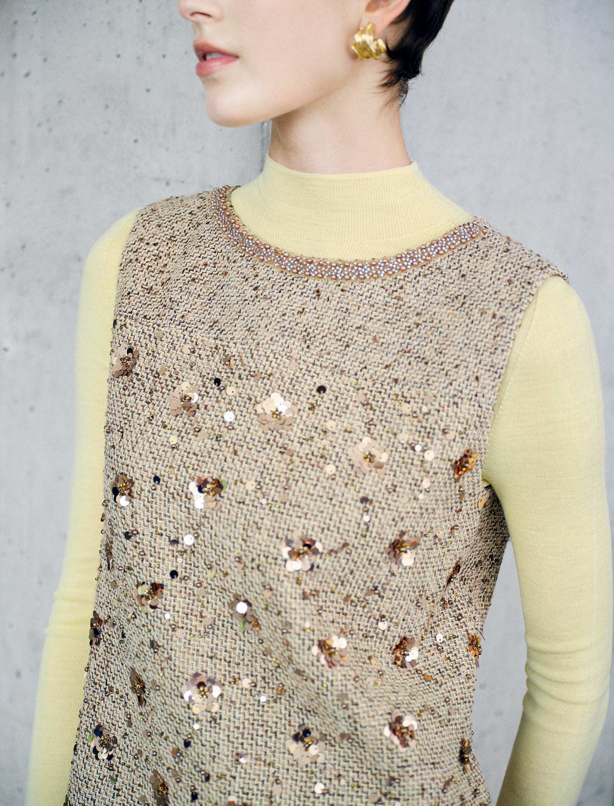 Sequin Textured Beaded Neck Sleeveless Shift Dress