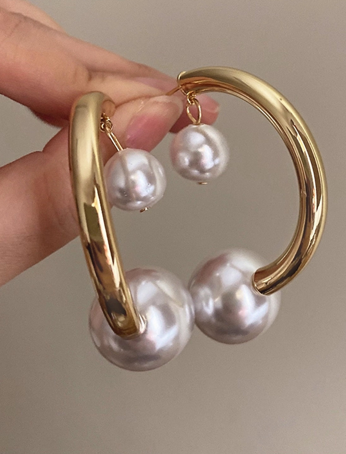 Gold Crescent And Pearl Drop Hoop Earrings