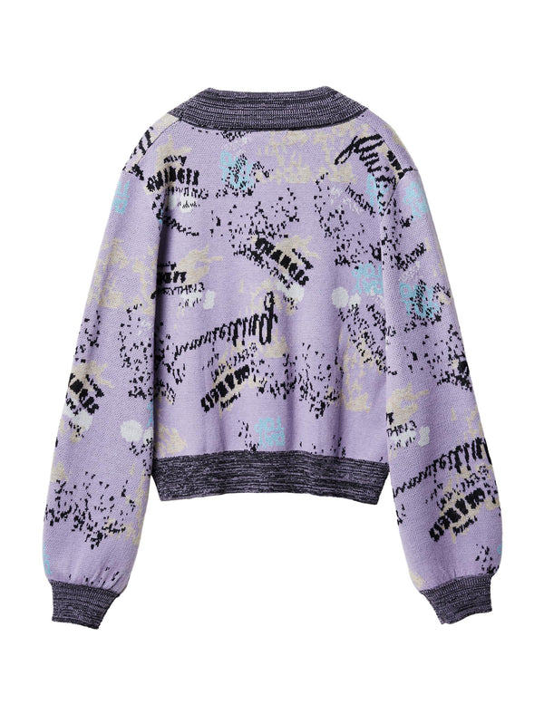 Jacquard Contrast Trim Wool-Blend Cardigan