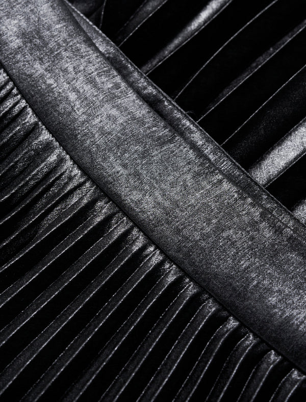 Black Metallic Pleated Midi Skirt