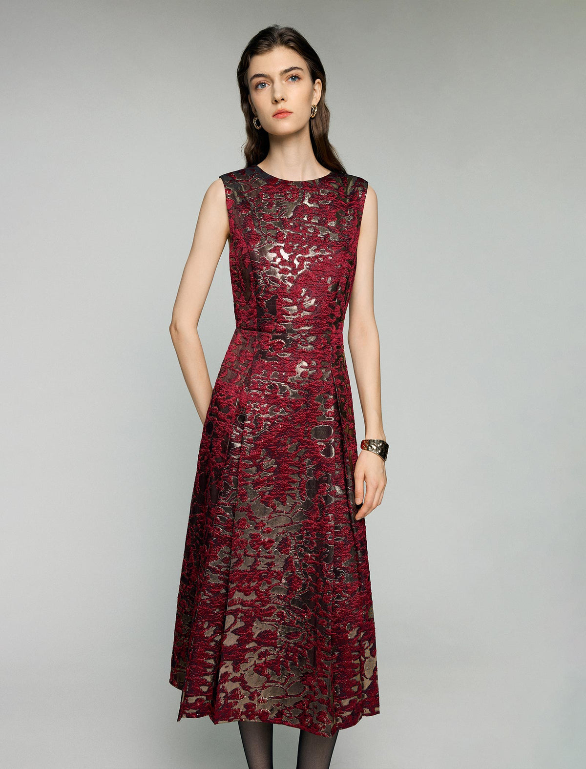 Jacquard Crewneck Sleeveless A-Line Midi Dress