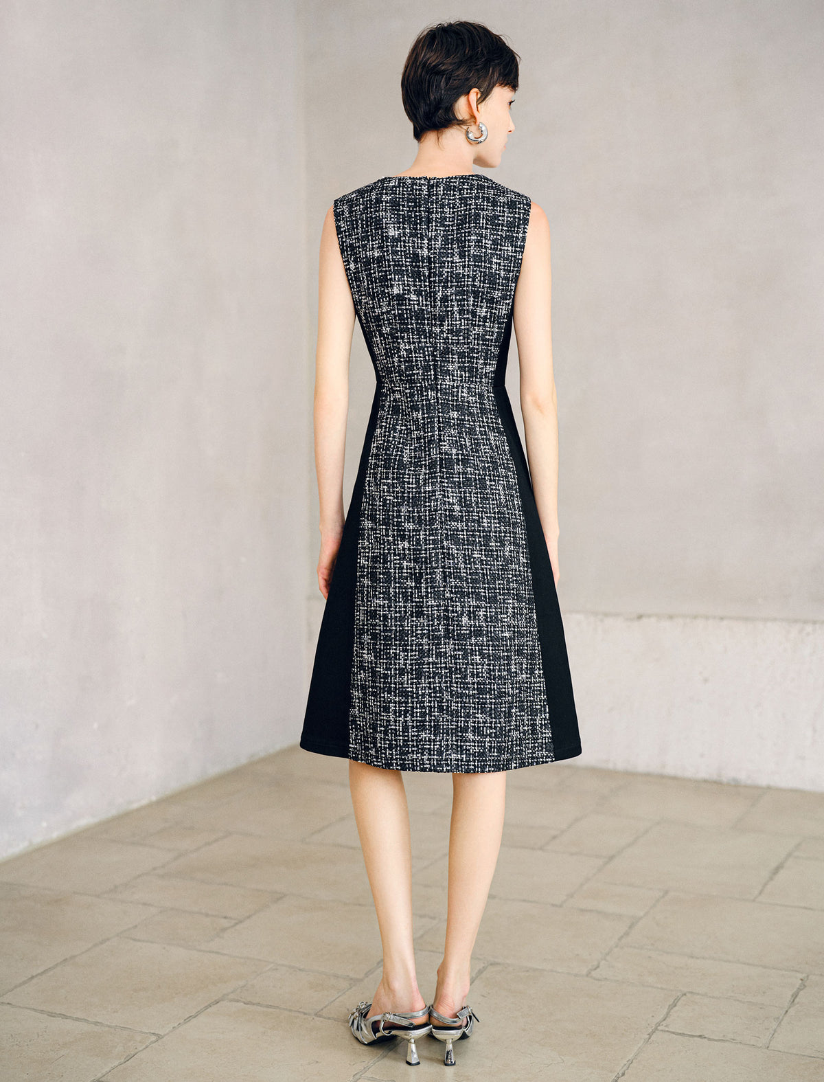 Wool Blend Pearl Beaded Crewneck Tweed Sheath Dress