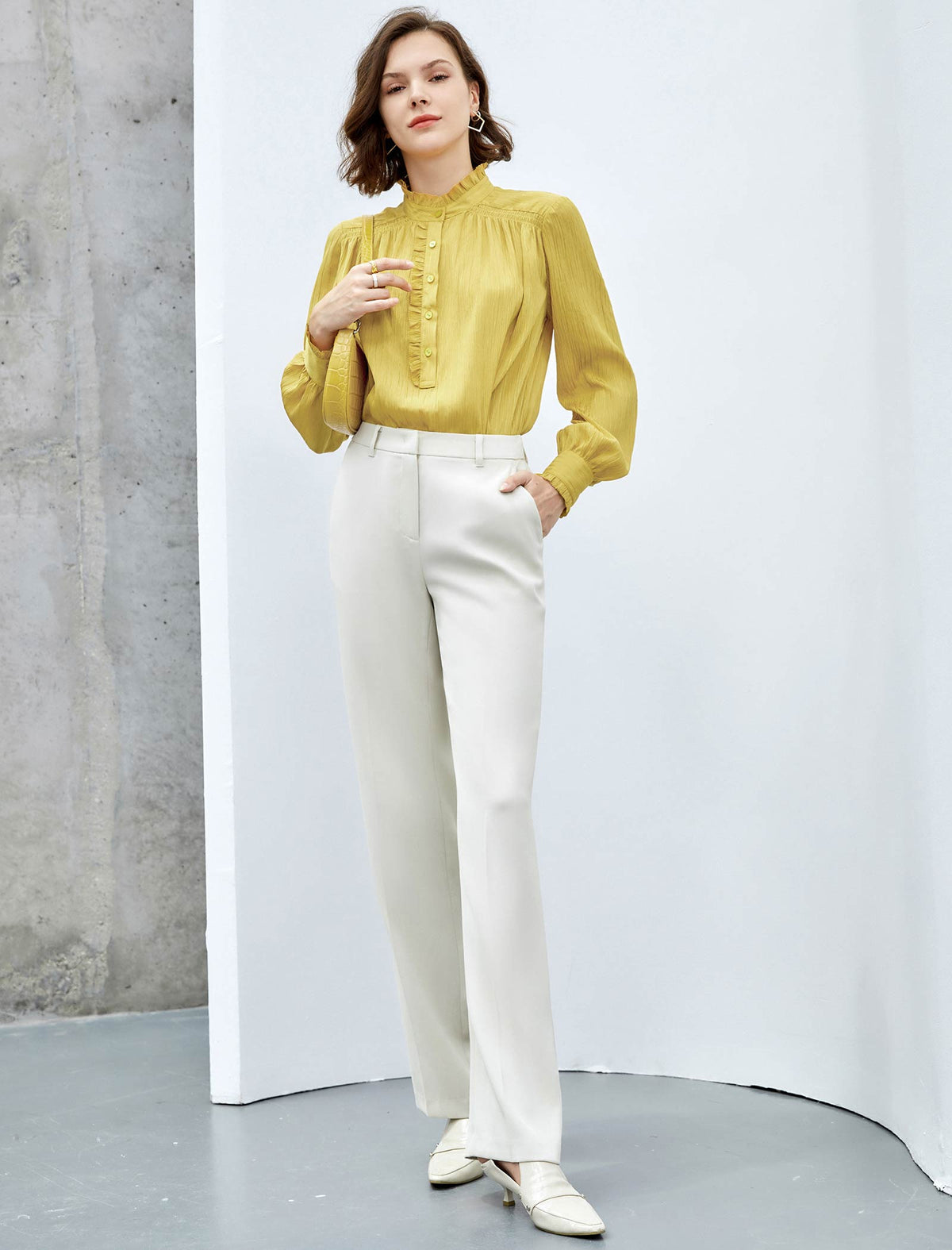 Mustard Ruffled Mock-Neck Blouse