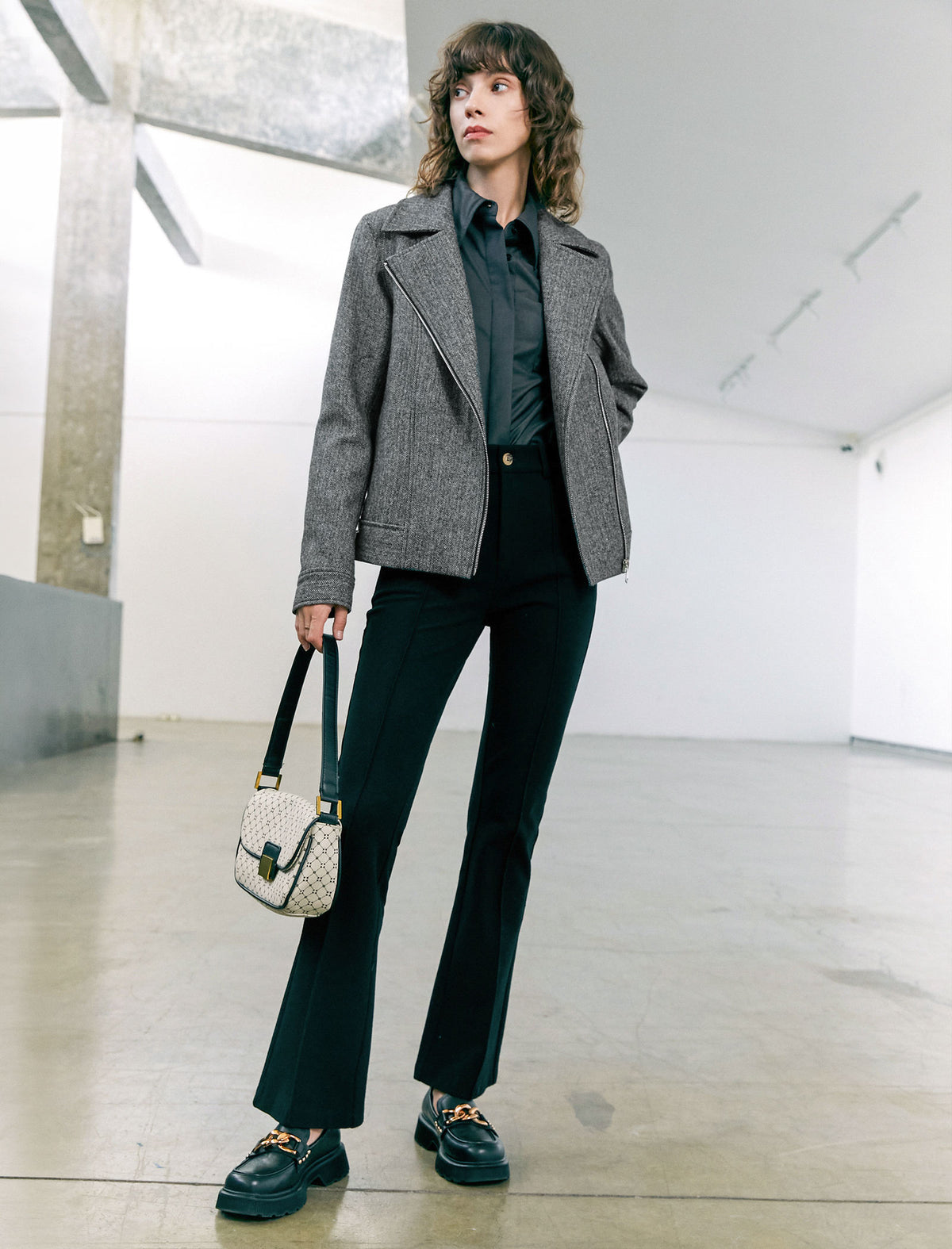 Wool Blend Zip-Front Cropped Jacket