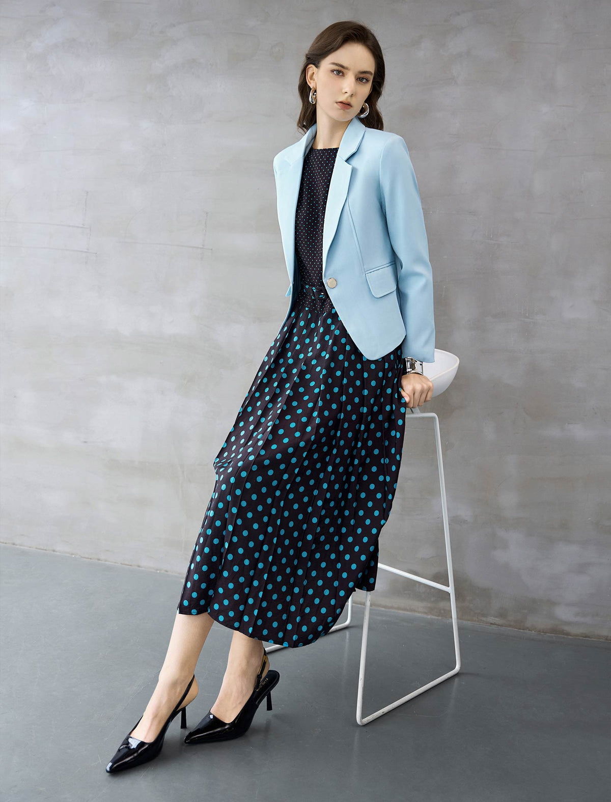 Black And Turquoise Polka Dot Pleated Sleeveless Midi Dress