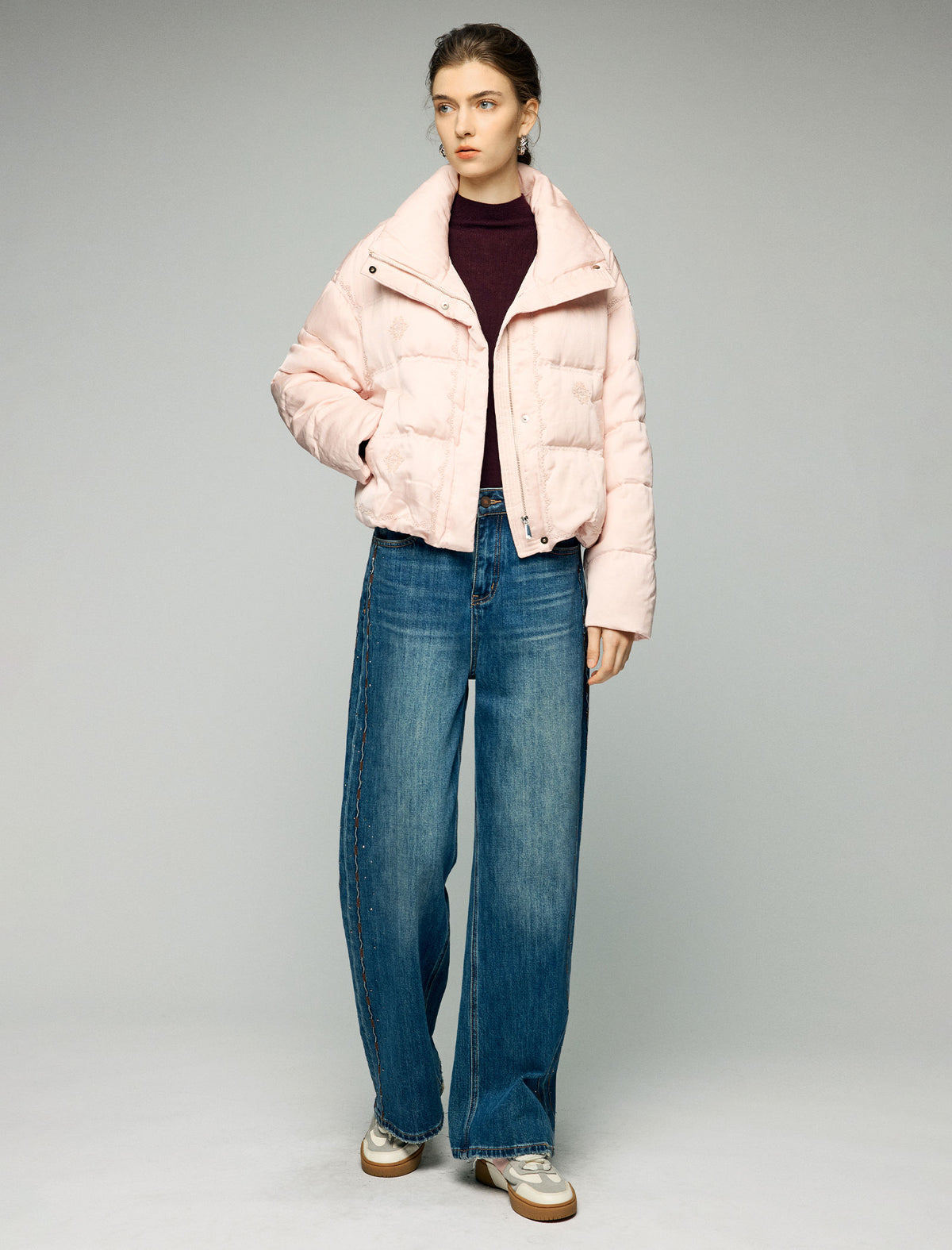 Textured Stand-Collar Zip-Front Cropped Puffer Jacket