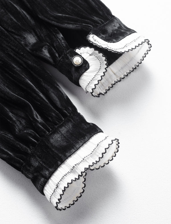 Black Velvet Contrast Trim Midi Dress