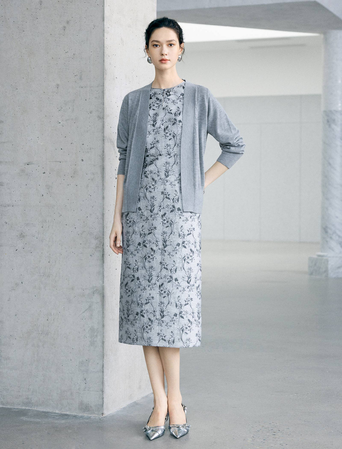 Ink-Wash Floral Sleeveless Midi Dress