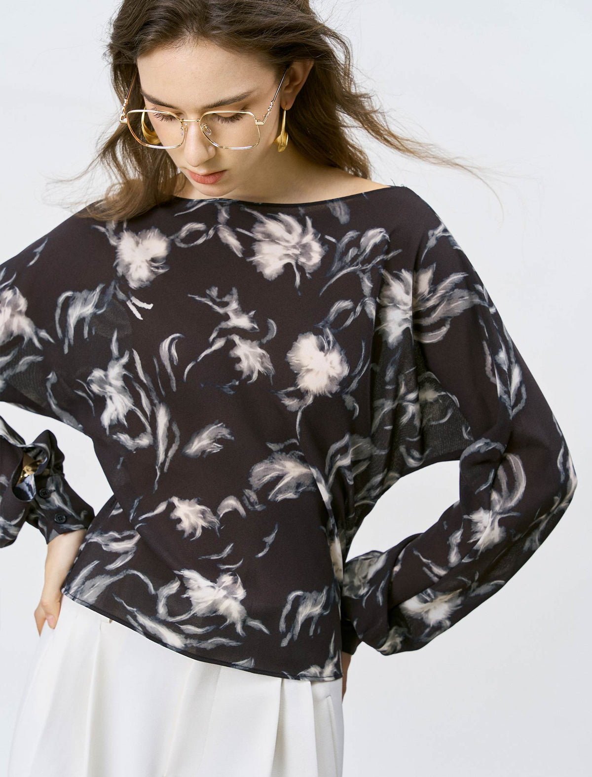Abstract Floral Print Boat Neck Blouse