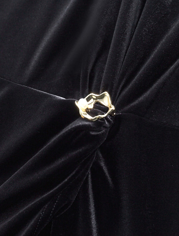 Black Velvet Irregular Hem Long Sleeve Midi Dress