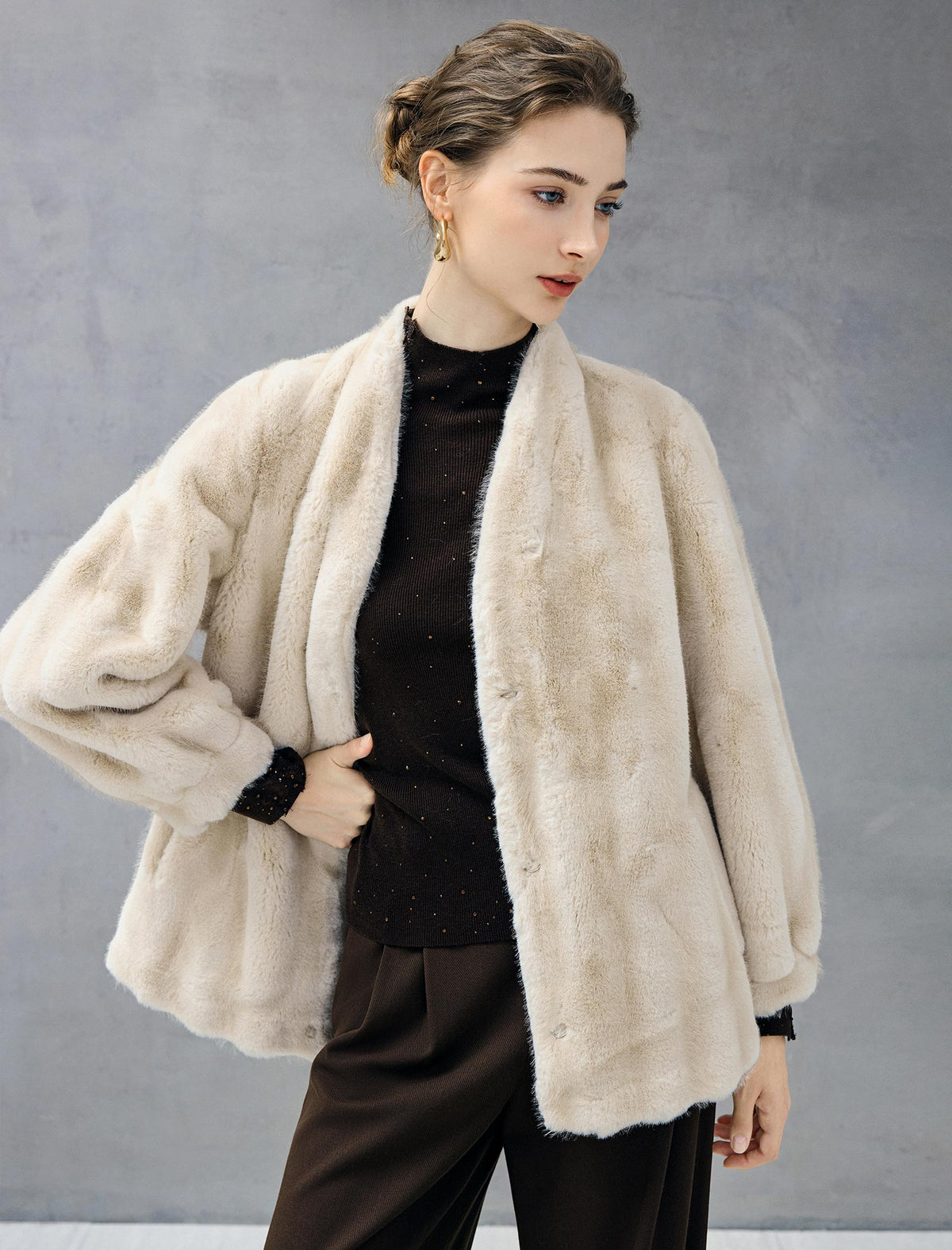 Faux Fur Shawl Collar Long Sleeve Coat