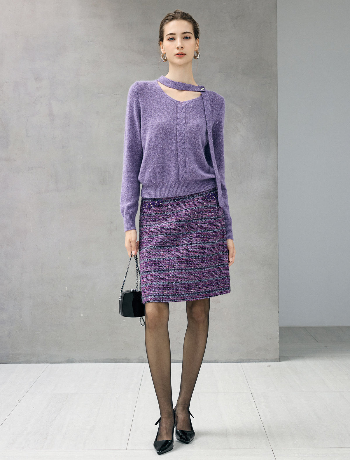 Wool Blend Shimmer Tie-Neck Cable-Knit Sweater