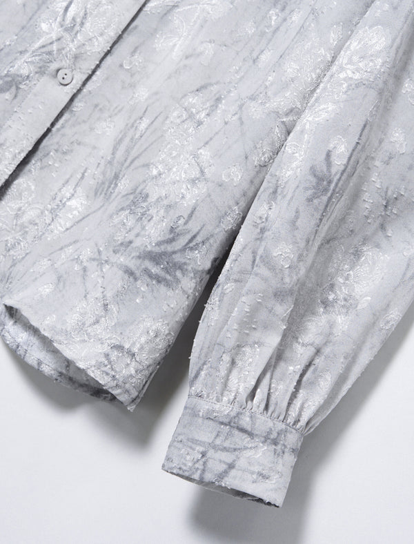 Floral Jacquard Scarf Detail Puff Sleeve Blouse