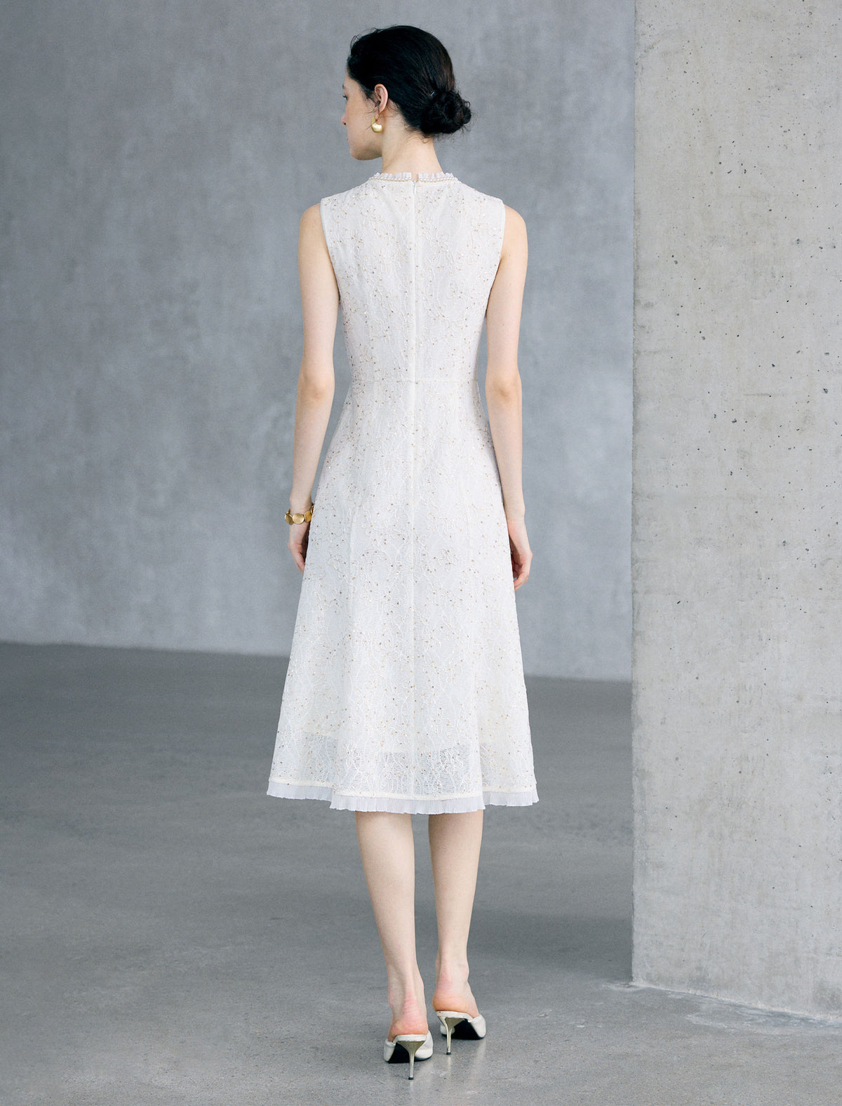 Cream Sequin Lace Sleeveless A-Line Midi Dress