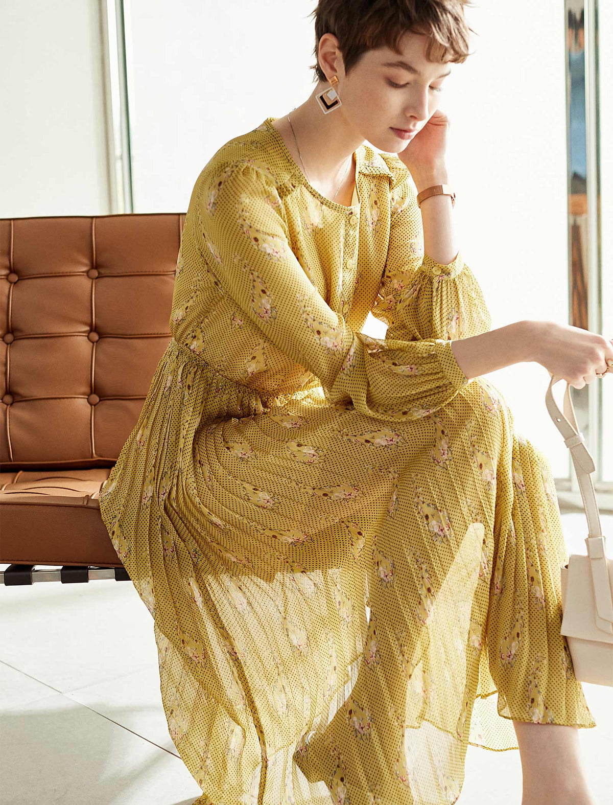 Mustard Yellow Floral Pleated Midi Dress