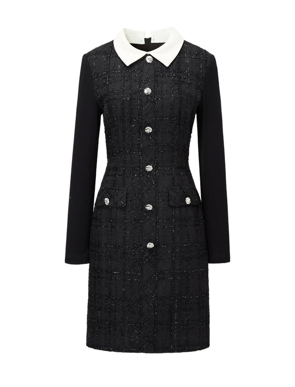 Doll Collar Waist-Defining Long-Sleeve Short Dress