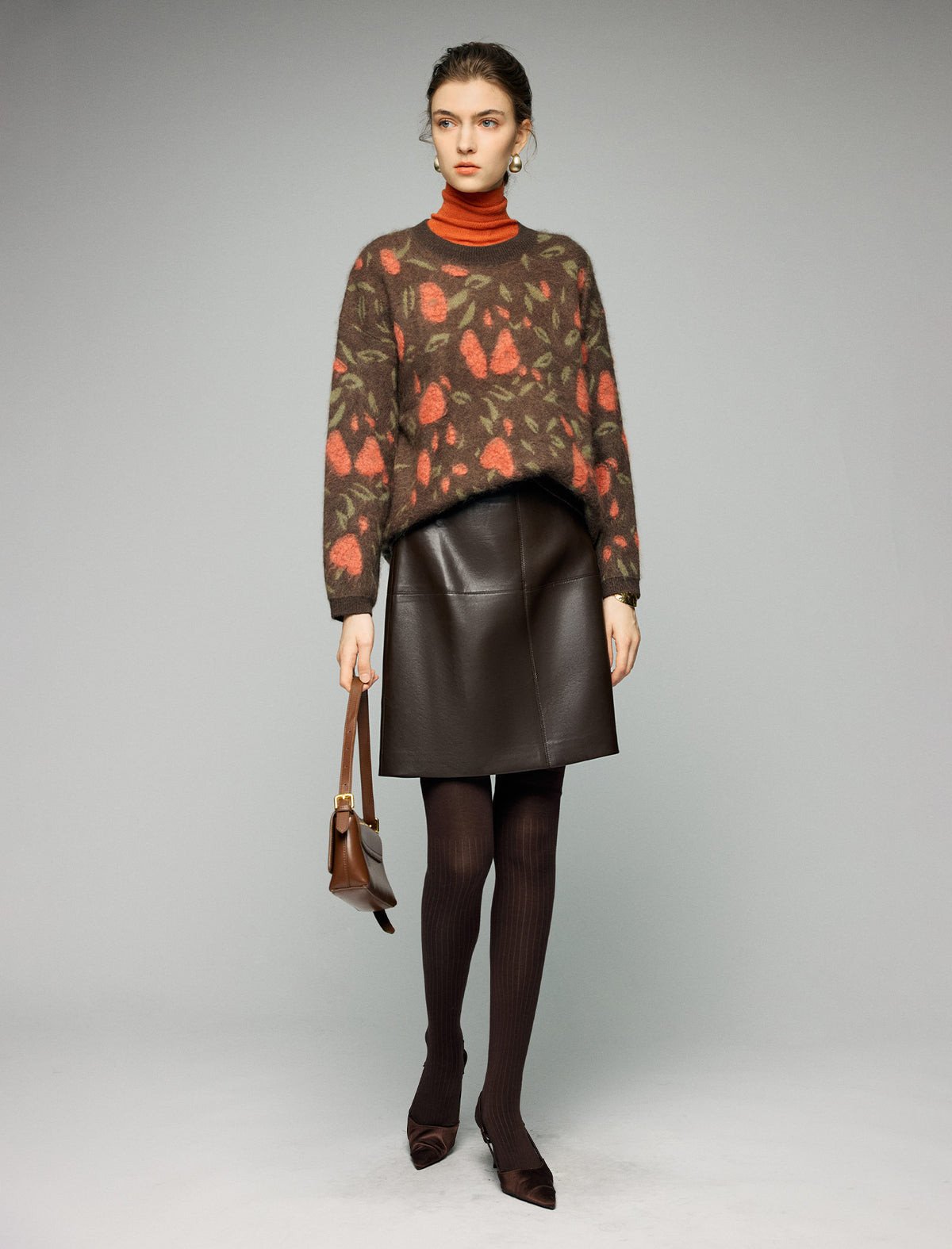 Wool and Mulberry Silk Blend Floral Jacquard Crewneck Relaxed Sweater
