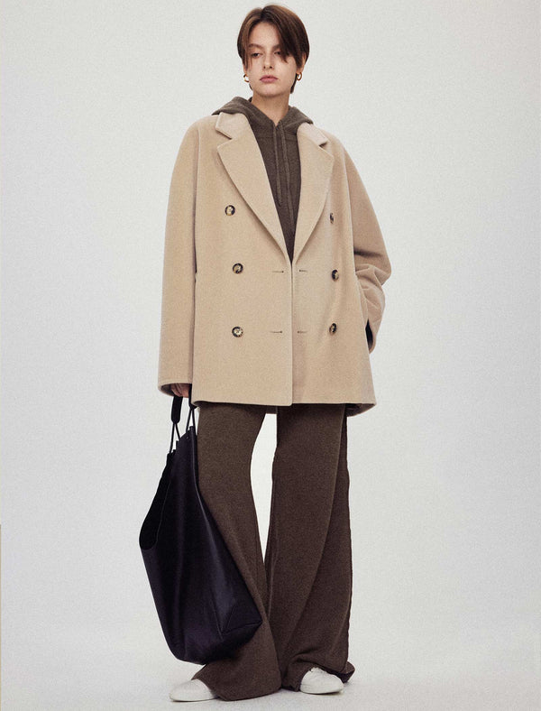Wool-Cashmere Blend Double-Breasted Short Coat