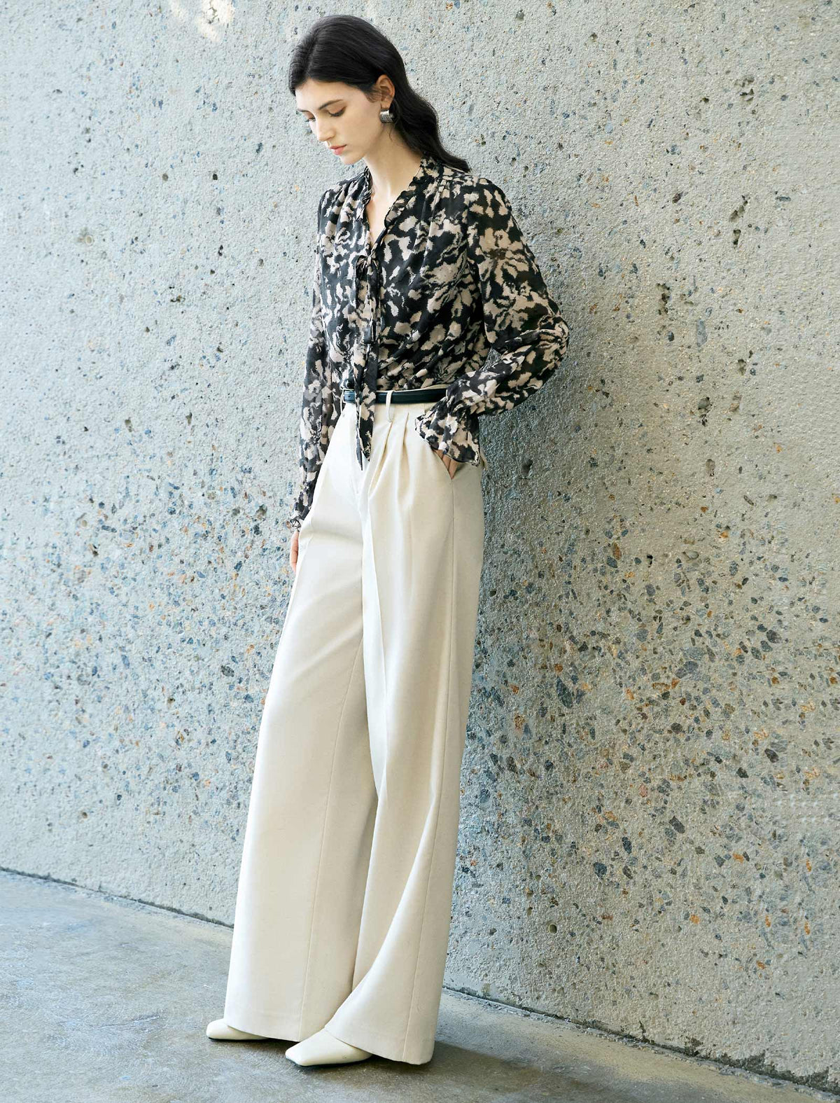 Black Tie-Dye Tie-Neck Blouse