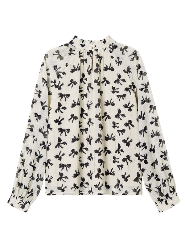 Floral Print Chiffon Ruffled Neckline Blouse