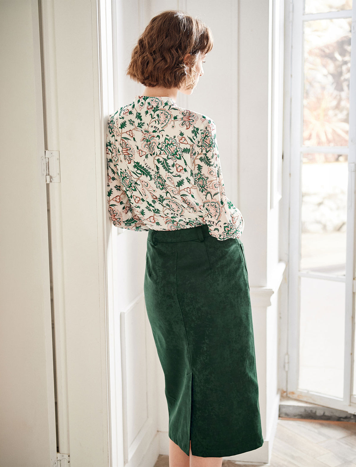 Floral Gathered Detail Mock-Neck Blouse