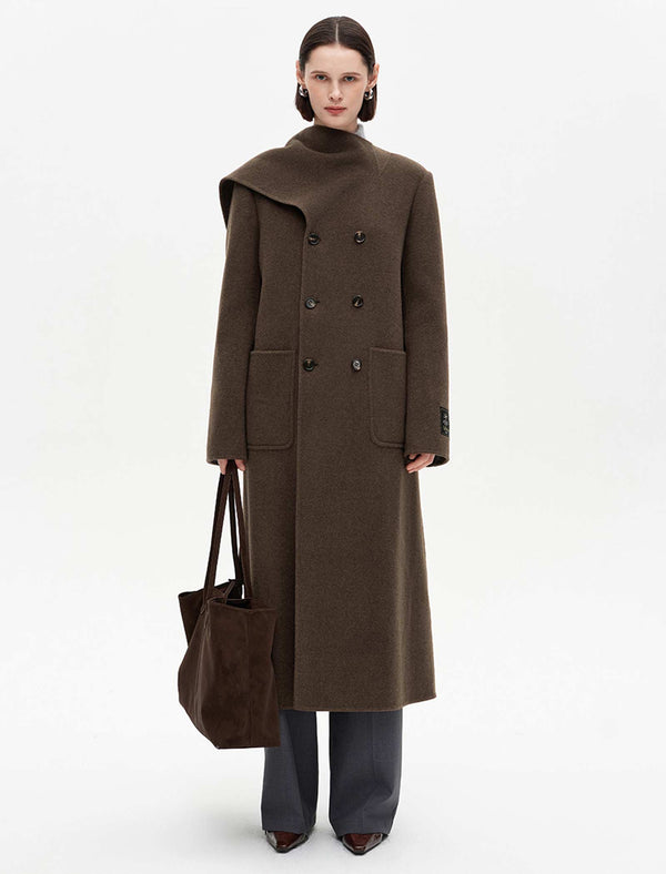 Wool-Rabbit-Alpaca Blend Double-Breasted Coat with Attached Scarf