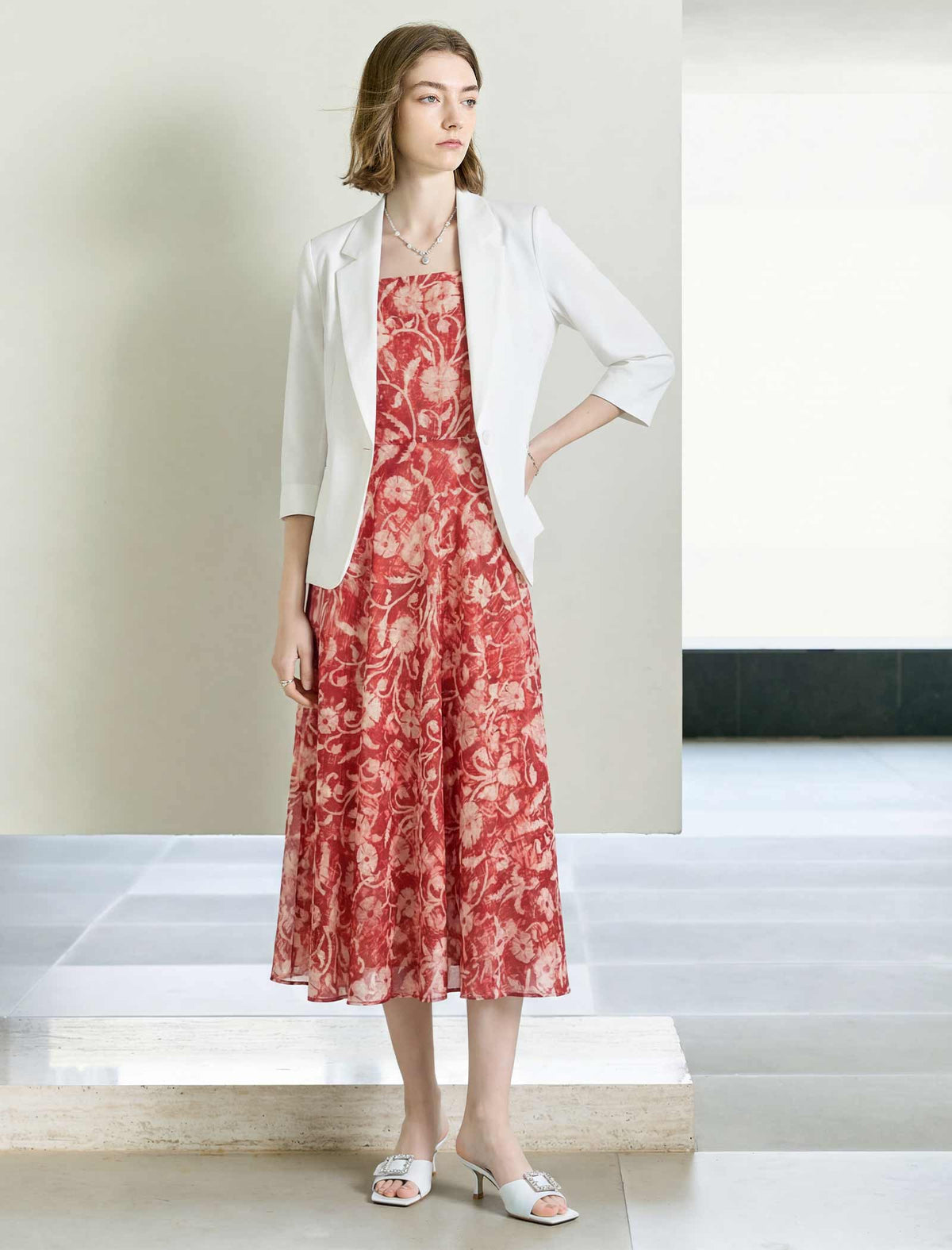 Rust Red Tie-Dye Floral Print Square Neck Midi Cami Dress