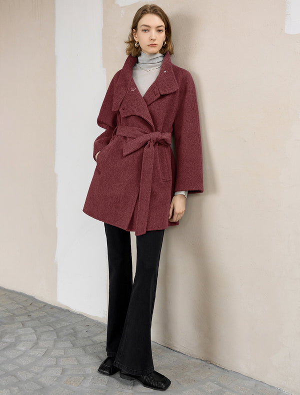 Wool-Blend Button Detail Self-Tie Coat