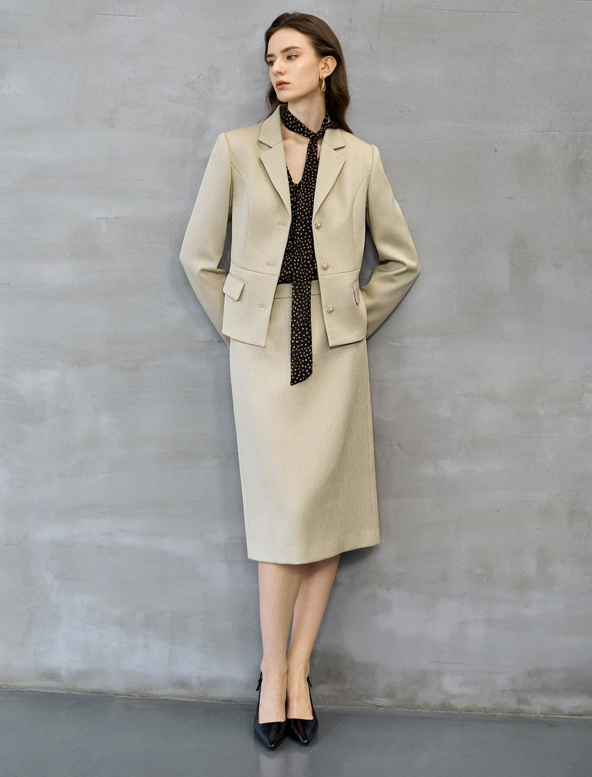 Champagne Textured Belted Blazer