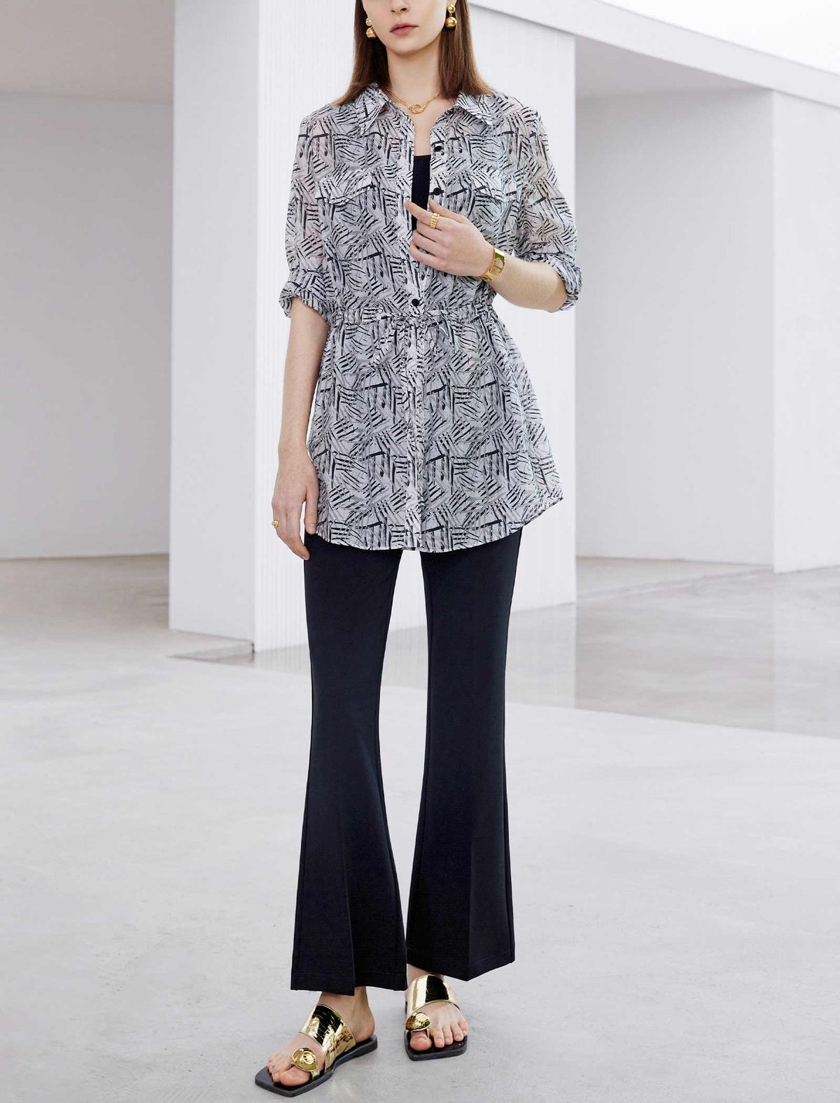Tencel Abstract Print Drawstring Shirt