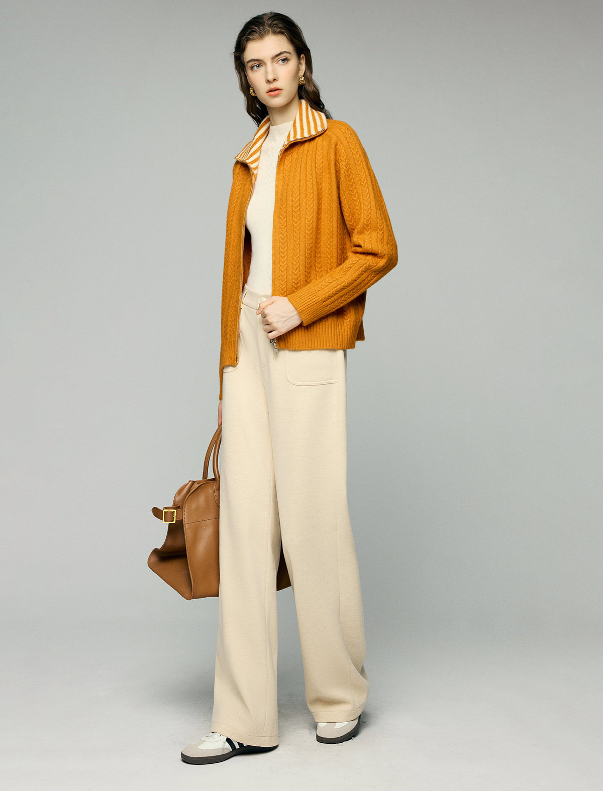 Striped-Collar Cable-Knit Long Sleeve Zip-Front Cardigan