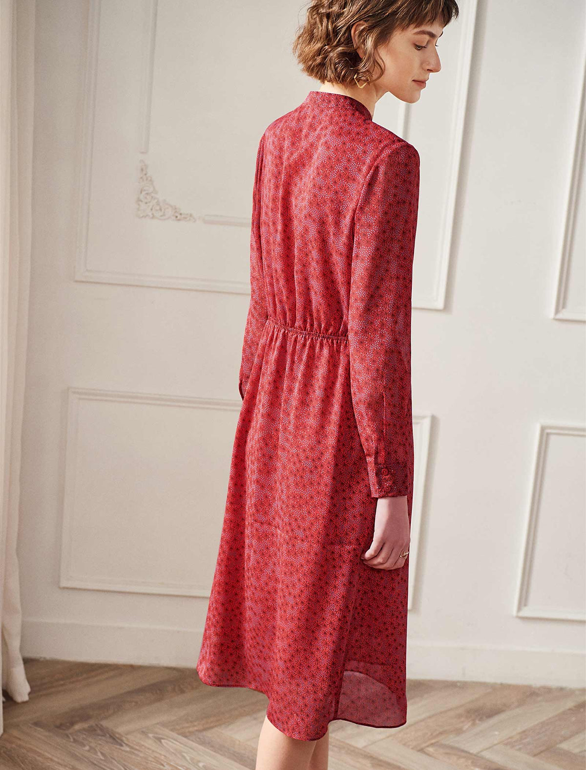 Red Ditsy Print Long Sleeve Midi Dress
