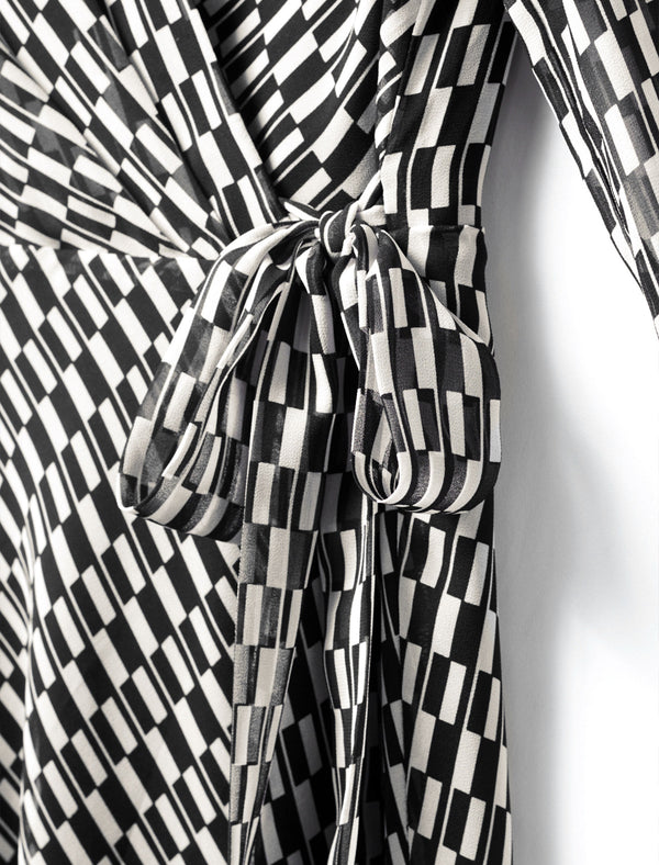 Checkered Wrap V-Neck Midi Dress