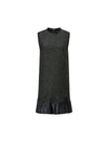 Black Tweed Wool-Blend Ruffle Hem Sleeveless Shift Dress