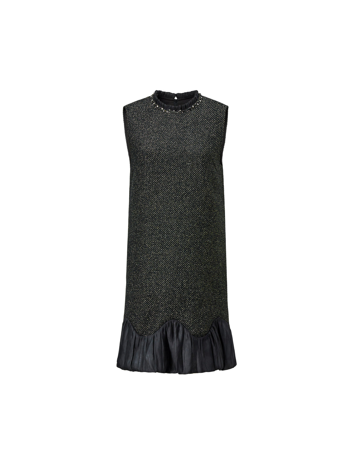 Black Tweed Wool-Blend Ruffle Hem Sleeveless Shift Dress